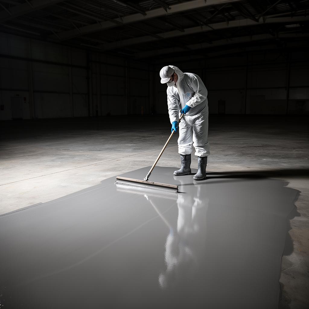 Installer applying an epoxy coating with a squeegee